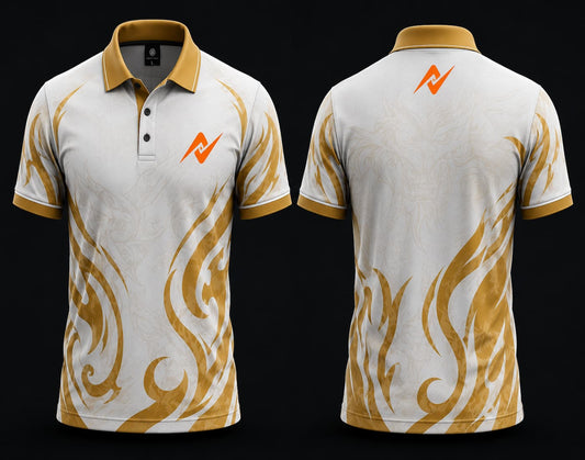 Front and back view of a white and gold Mobile Legends polo collar esports jersey featuring an orange team logo on the left chest and below the back collar with elegant tribal graphics.