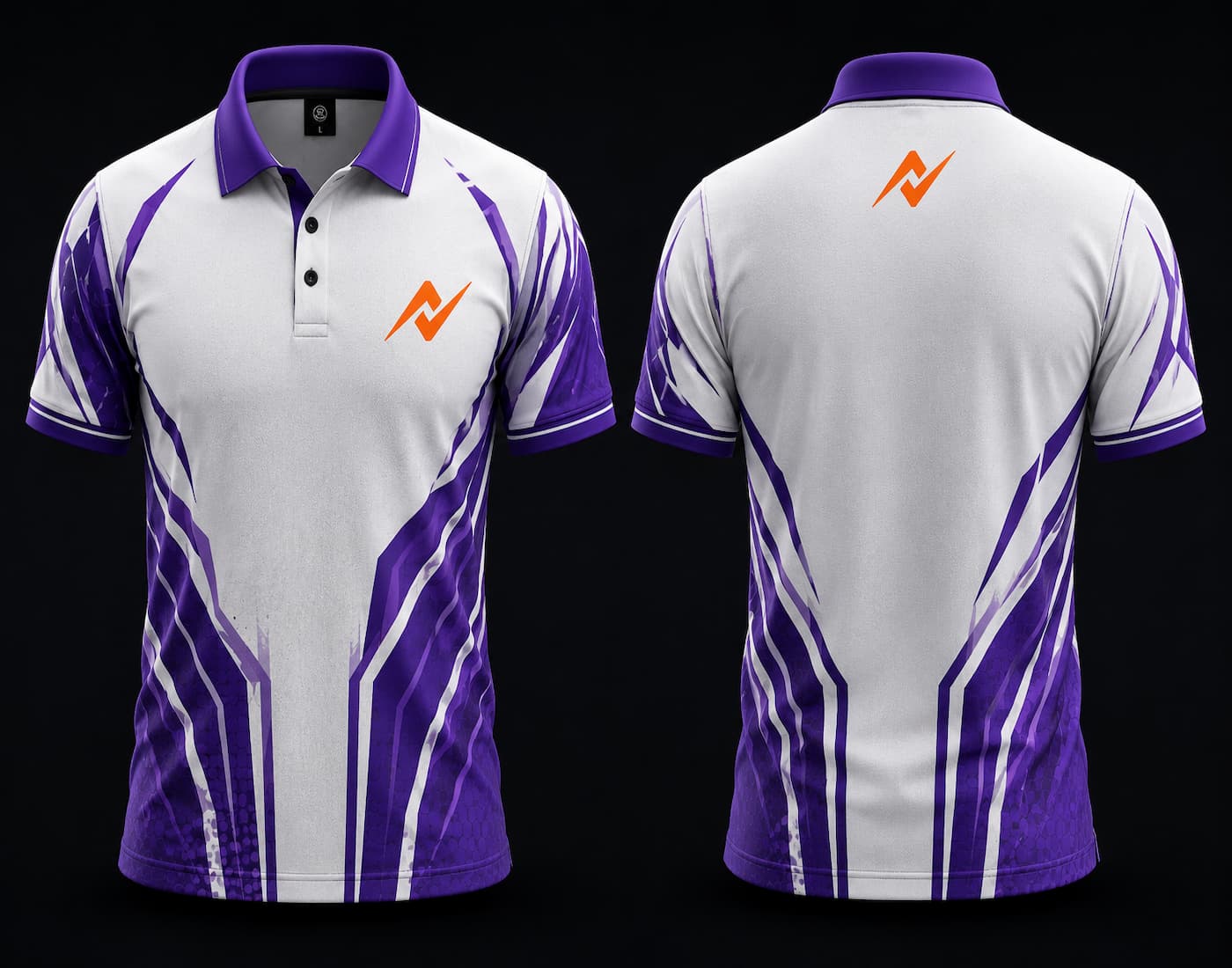 Front and back view of a white and purple Mobile Legends polo collar esports jersey featuring an orange team logo on the left chest and below the back collar.