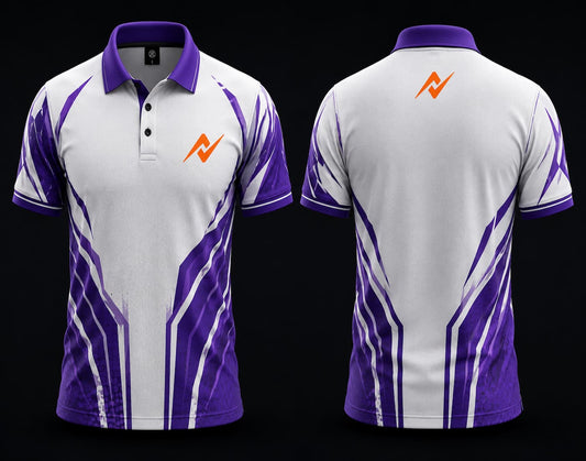 Front and back view of a white and purple Mobile Legends polo collar esports jersey featuring an orange team logo on the left chest and below the back collar.