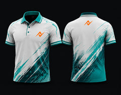Front and back view of a white and teal Mobile Legends polo collar esports jersey featuring an orange team logo on the left chest and below the back collar with modern brush-stroke graphics.