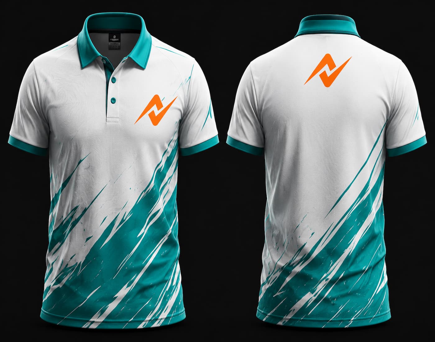 White and teal Mobile Legends inspired polo esports jersey featuring a custom orange team logo on the left chest and below the back collar with premium sublimation gaming design.