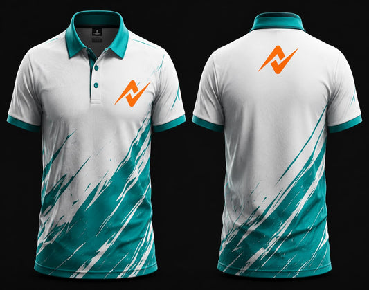 White and teal Mobile Legends inspired polo esports jersey featuring a custom orange team logo on the left chest and below the back collar with premium sublimation gaming design.