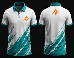 White and teal Mobile Legends inspired polo esports jersey featuring a custom orange team logo on the left chest and below the back collar with premium sublimation gaming design.