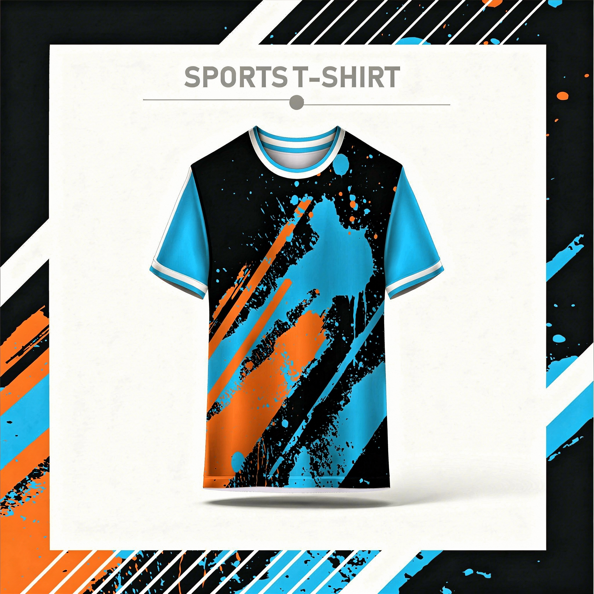 Modern abstract sky blue black orange sports t-shirt front view