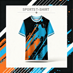 Modern abstract sky blue black orange sports t-shirt front view