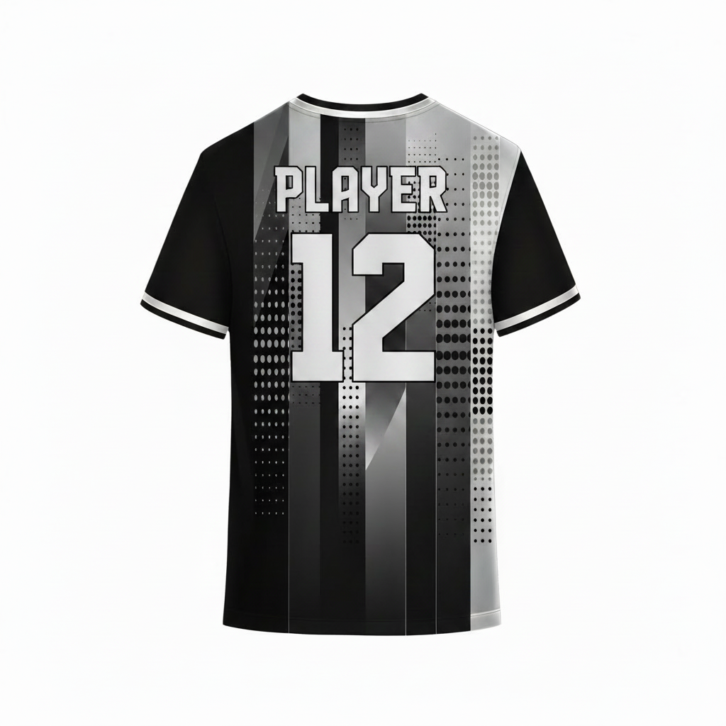 Modern black and grey sports jersey back design with gradient stripe graphics and halftone dot pattern for custom teamwear printing by NextPrint India