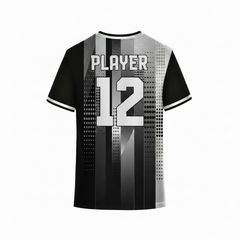 Modern black and grey sports jersey back design with gradient stripe graphics and halftone dot pattern for custom teamwear printing by NextPrint India