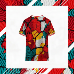 Custom red team jersey back view with abstract pattern