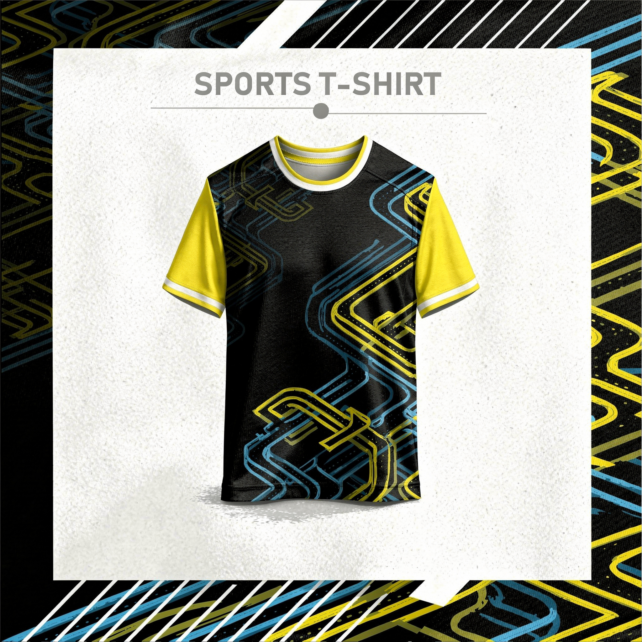Modern yellow and black sports t-shirt front view