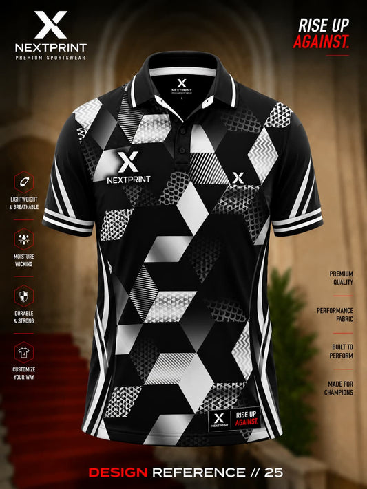 Premium black and white polo cricket jersey featuring modern hexagonal geometric graphics with breathable dry-fit performance fabric.