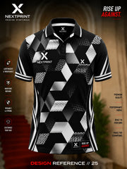 Premium black and white polo cricket jersey featuring modern hexagonal geometric graphics with breathable dry-fit performance fabric.