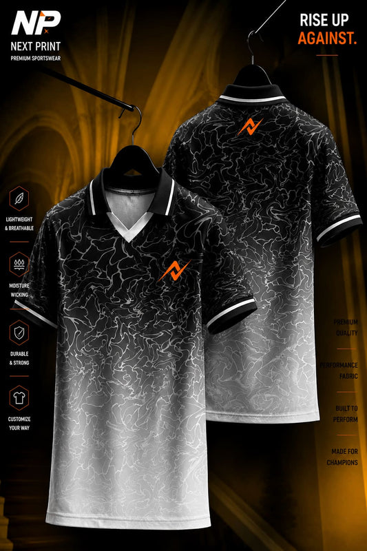 Front and back view of a black and white smoke gradient polo sports jersey with marble texture and premium dry-fit performance fabric.