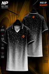 Front and back view of a black and white smoke gradient polo sports jersey with marble texture and premium dry-fit performance fabric.