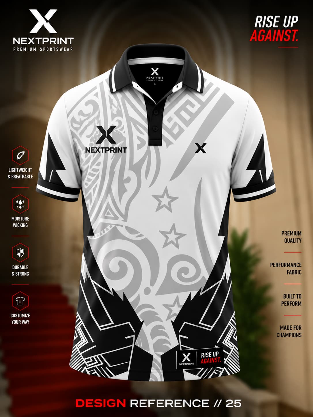 Monochrome white and black tribal fusion polo cricket jersey with geometric graphics and premium dry-fit fabric.