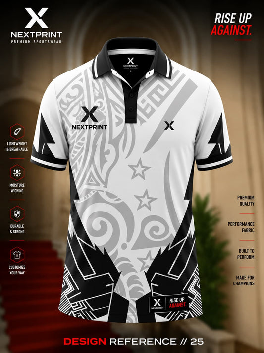 Monochrome white and black tribal fusion polo cricket jersey with geometric graphics and premium dry-fit fabric.
