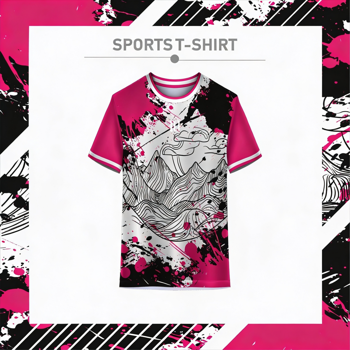 Pink and grey mountain pattern sports t-shirt front view
