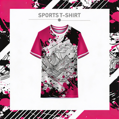 Pink and grey mountain pattern sports t-shirt front view