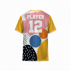 Multicolor abstract sports t-shirt back design with yellow sleeves and geometric art pattern for custom sublimation team jersey printing by NextPrint India
