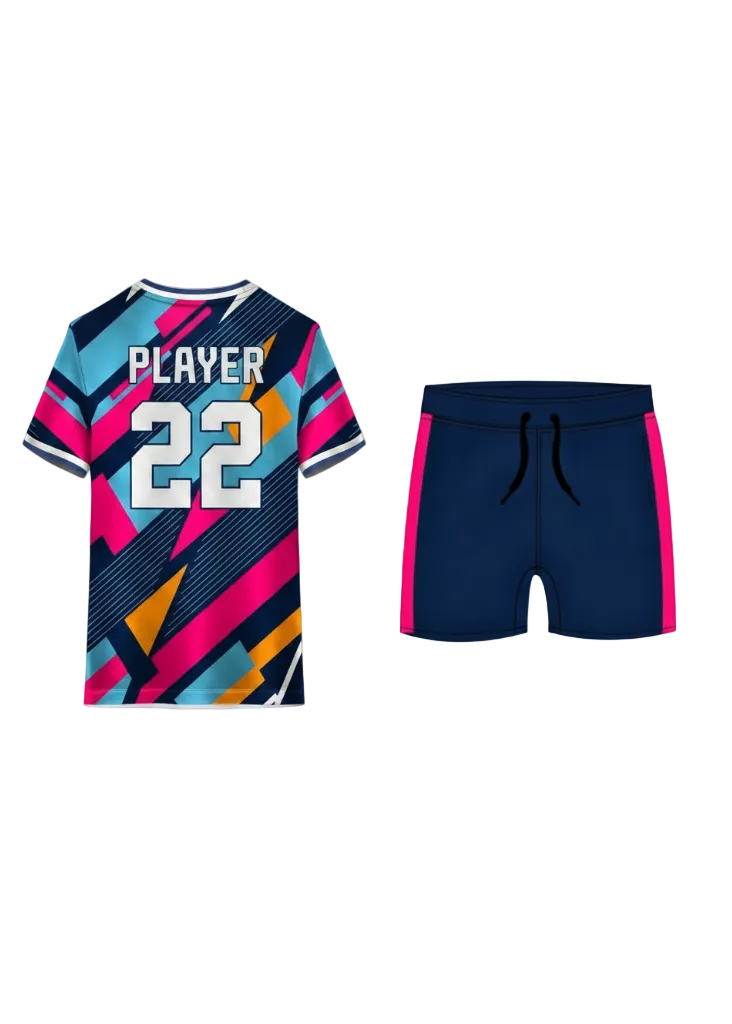 Multicolor abstract team jersey with navy sports shorts and vibrant pink, blue and orange geometric design for custom sports uniforms in India