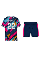 Multicolor abstract team jersey with navy sports shorts and vibrant pink, blue and orange geometric design for custom sports uniforms in India