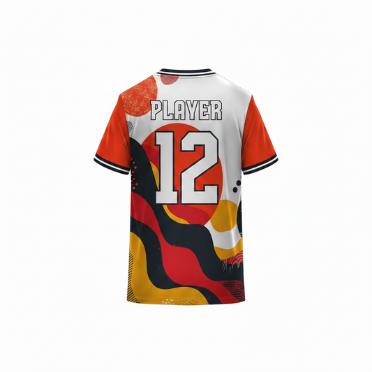 Multicolor custom sports jersey back view with abstract wave pattern in red orange black and yellow for cricket football volleyball and esports teams by NextPrint