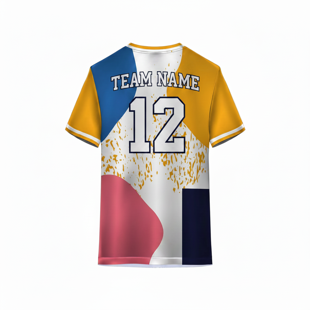 Multicolor artistic sports t-shirt back design with gold texture pattern and abstract shapes for custom sublimation team jersey printing by NextPrint India.