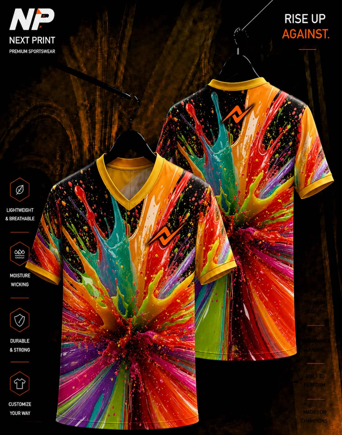 Multicolor paint splash sublimation V-neck custom sports jersey front and back by Next Print