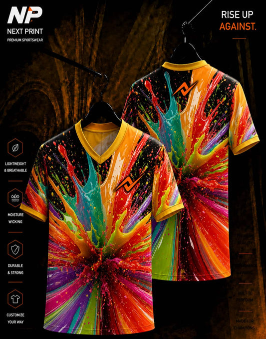 Multicolor paint splash sublimation V-neck custom sports jersey front and back by Next Print