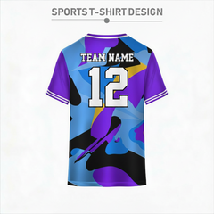 Multicolor purple and blue sports t-shirt back design with abstract camouflage pattern for custom team jersey printing by NextPrint India.
