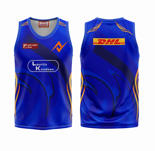 Athletic blue sleeveless sportswear side profile performance jersey image