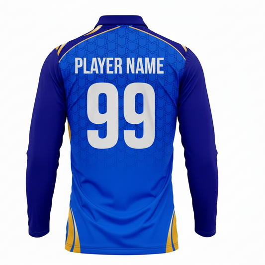 Blue gold full sleeve cricket jersey back side with custom player number