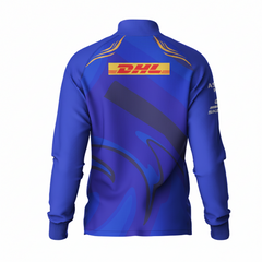 Blue cricket fan jacket back side with custom player number