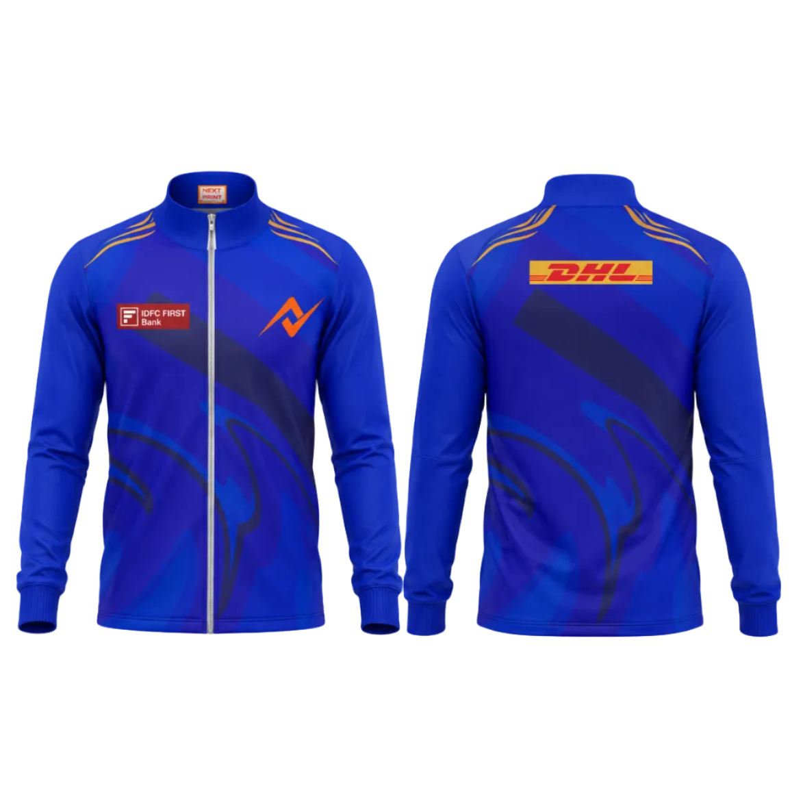 Premium blue personalized cricket fan jacket side angle sportswear view