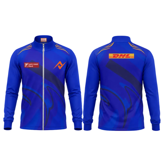 Premium blue personalized cricket fan jacket side angle sportswear view