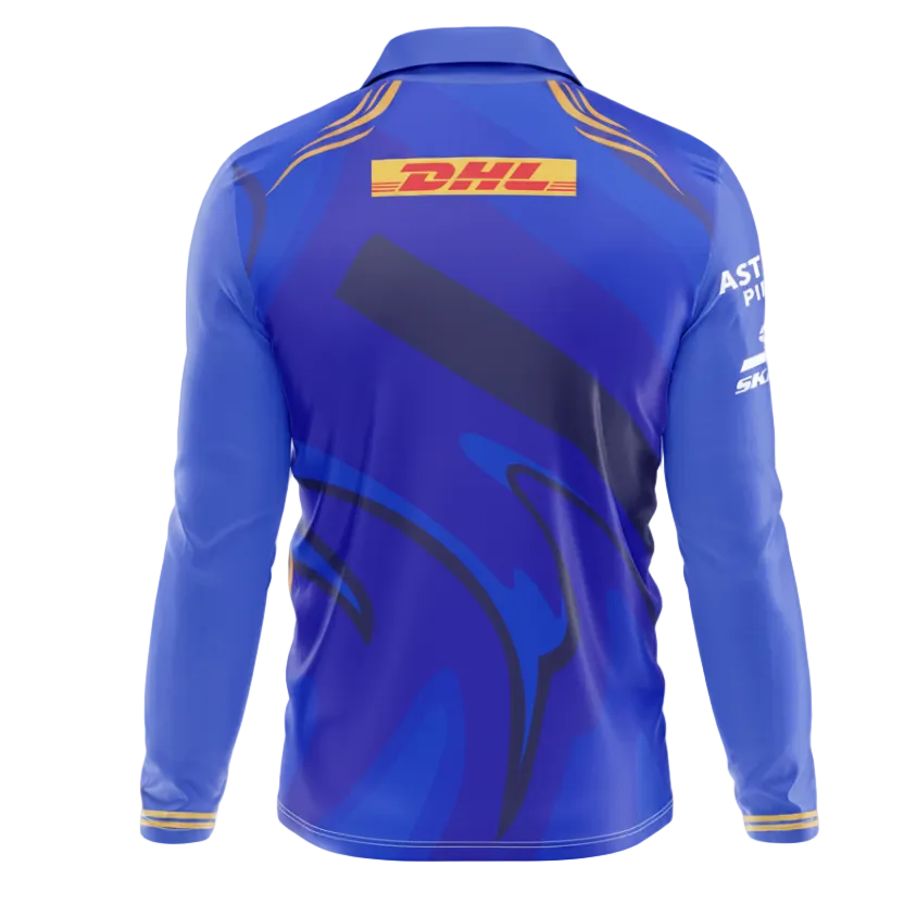 Blue polo collar full sleeve cricket fan wear back side with custom player number