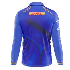 Blue polo collar full sleeve cricket fan wear back side with custom player number