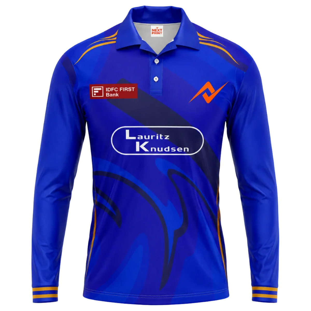 Mumbai inspired blue polo collar full sleeve cricket fan wear front view
