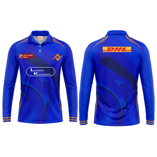 Premium blue polo collar full sleeve cricket fan wear side angle sportswear view