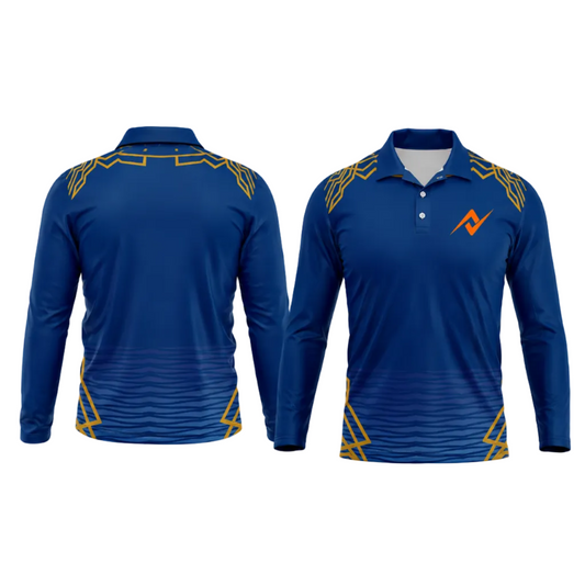 Premium blue polo collar full sleeve sports fan jersey side angle sportswear view