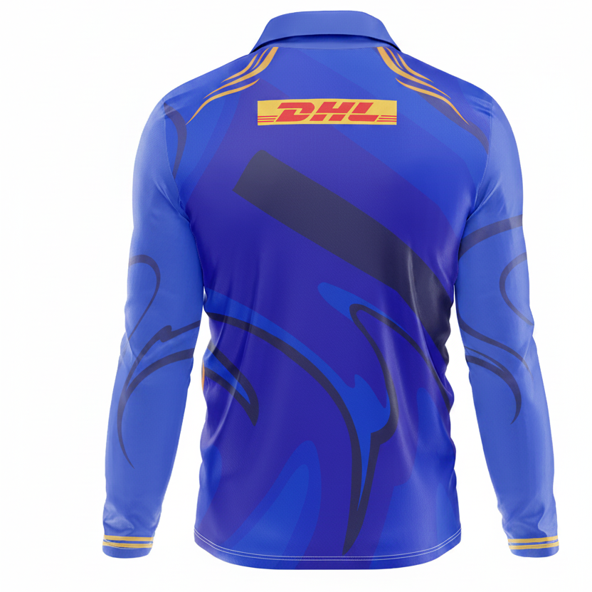 Premium blue polo collar full sleeve sports fan t shirt side angle sportswear view