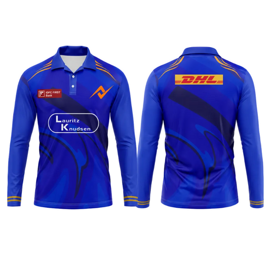 Premium blue polo collar full sleeve sports fan t shirt side angle sportswear view