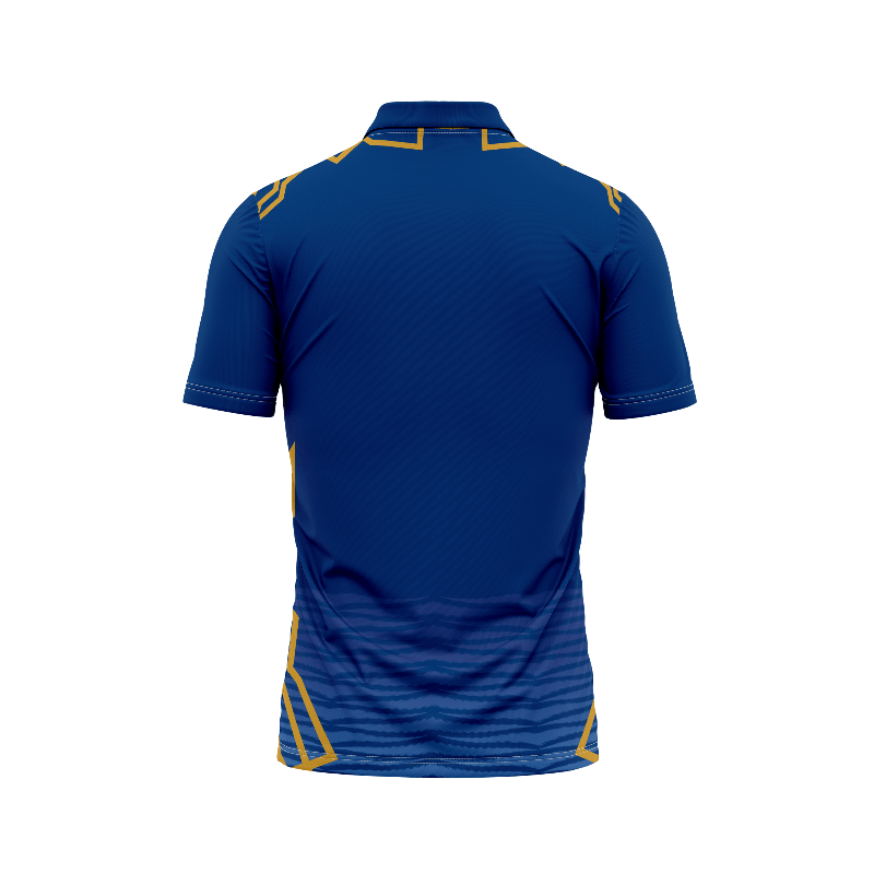 Blue polo collar sports fan jersey back side with custom player number