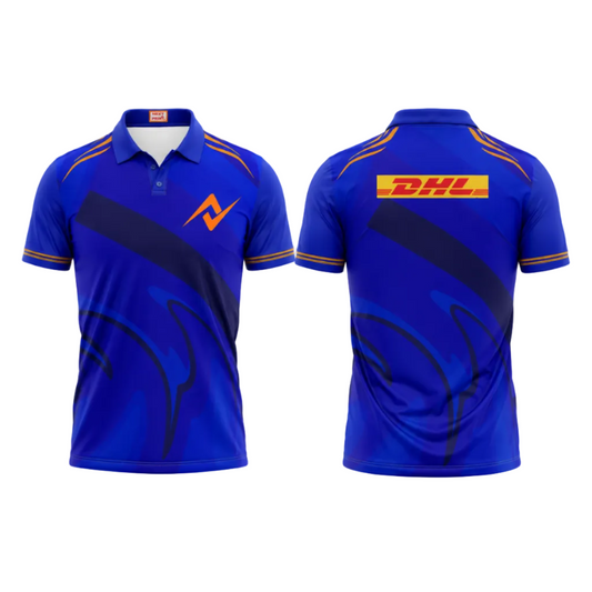 Premium blue polo collar sports fan jersey t shirt side angle sportswear view