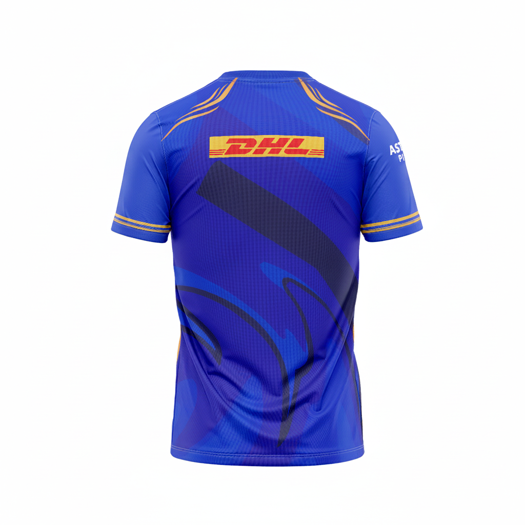 Blue printed round neck cricket jersey back side with custom player number