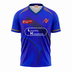 Mumbai inspired blue printed V neck cricket fan jersey front view