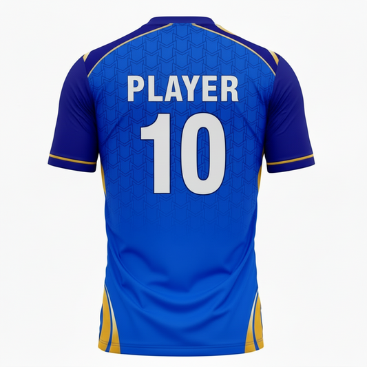 Blue gold full sleeve cricket jersey back side with custom player number