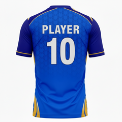 Blue gold full sleeve cricket jersey back side with custom player number