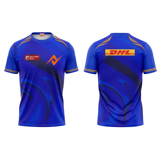 Premium blue round neck sports fan jersey side angle sportswear view