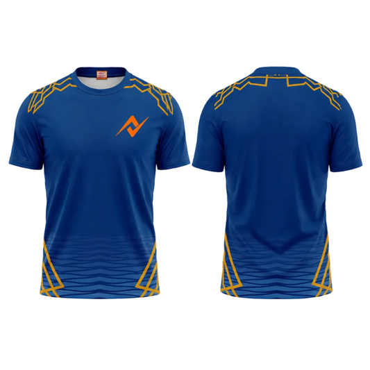 Premium blue round neck sports fan t shirt side angle sportswear view