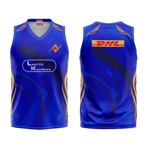 Premium blue sleeveless sports fan t shirt side angle sportswear view